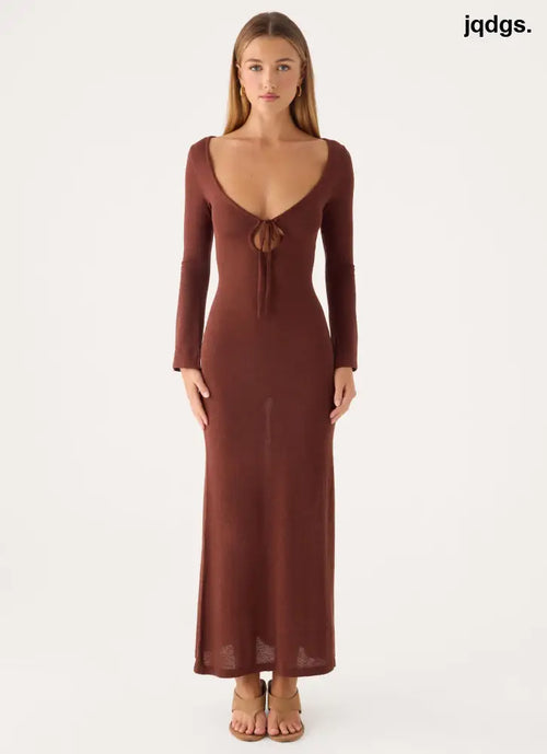 Amarise Knit Tie Front Maxi Dress - Chocolate - Maxi Dresses